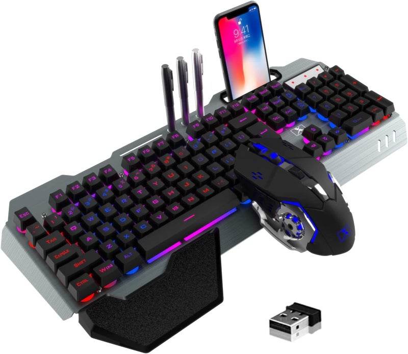 LexonElec Wireless Gaming Keyboard and Mouse Combo,Rainbow LED Backlit Keyboard with Rechargeable 3800mAh Battery Metal Panel,Removable Wrist Rest Mechanical Feel and 7 Color Mute Gaming Mice for PC PS4 PS5 - Image 1